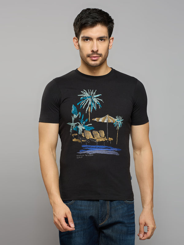 Men's Black Printed Slim Fit T-Shirts