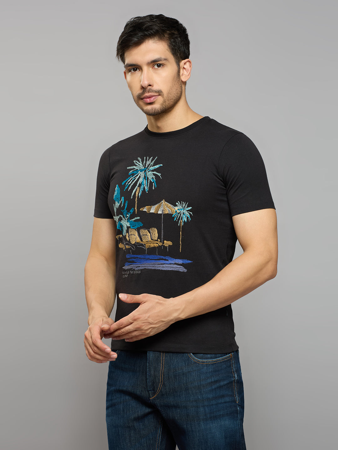 Men's Black Printed Slim Fit T-Shirts