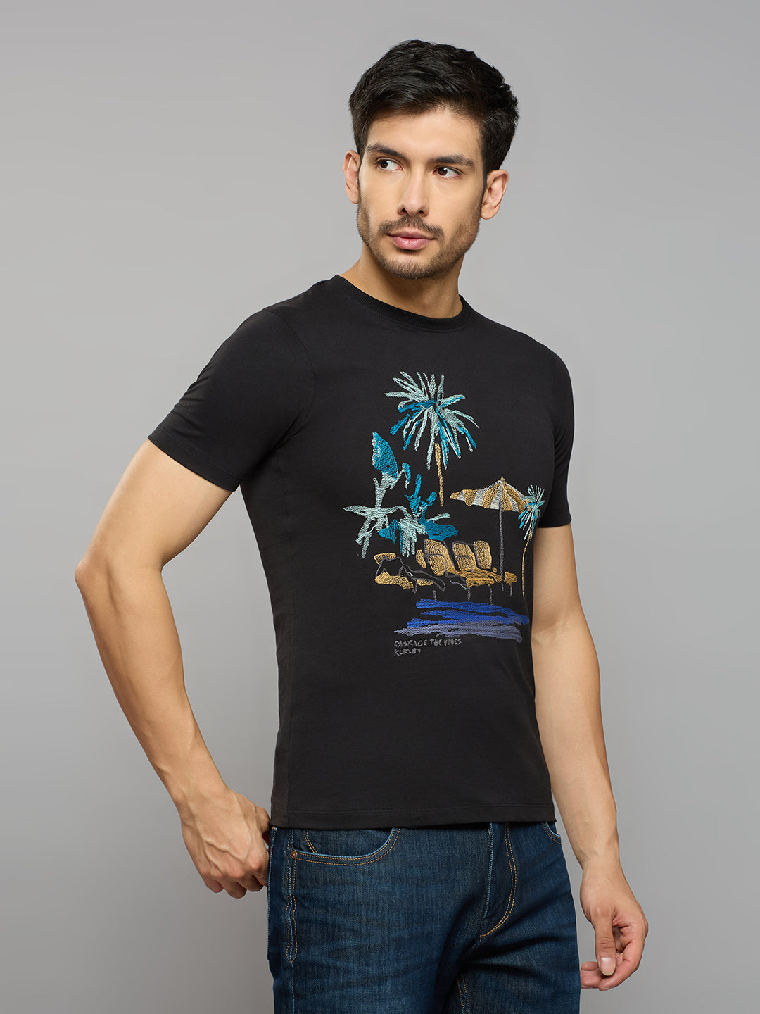 Men's Black Printed Slim Fit T-Shirts