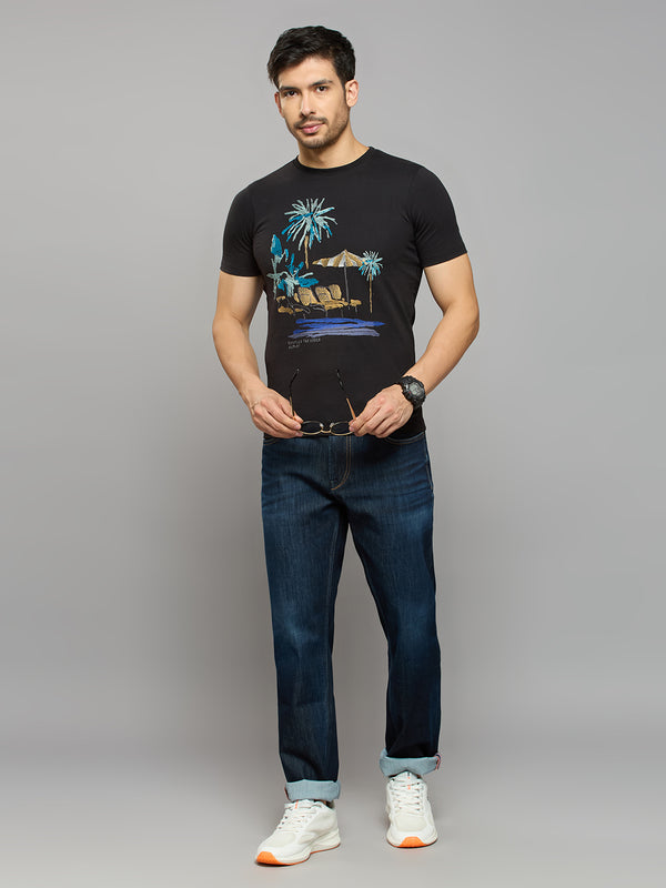 Men's Black Printed Slim Fit T-Shirts