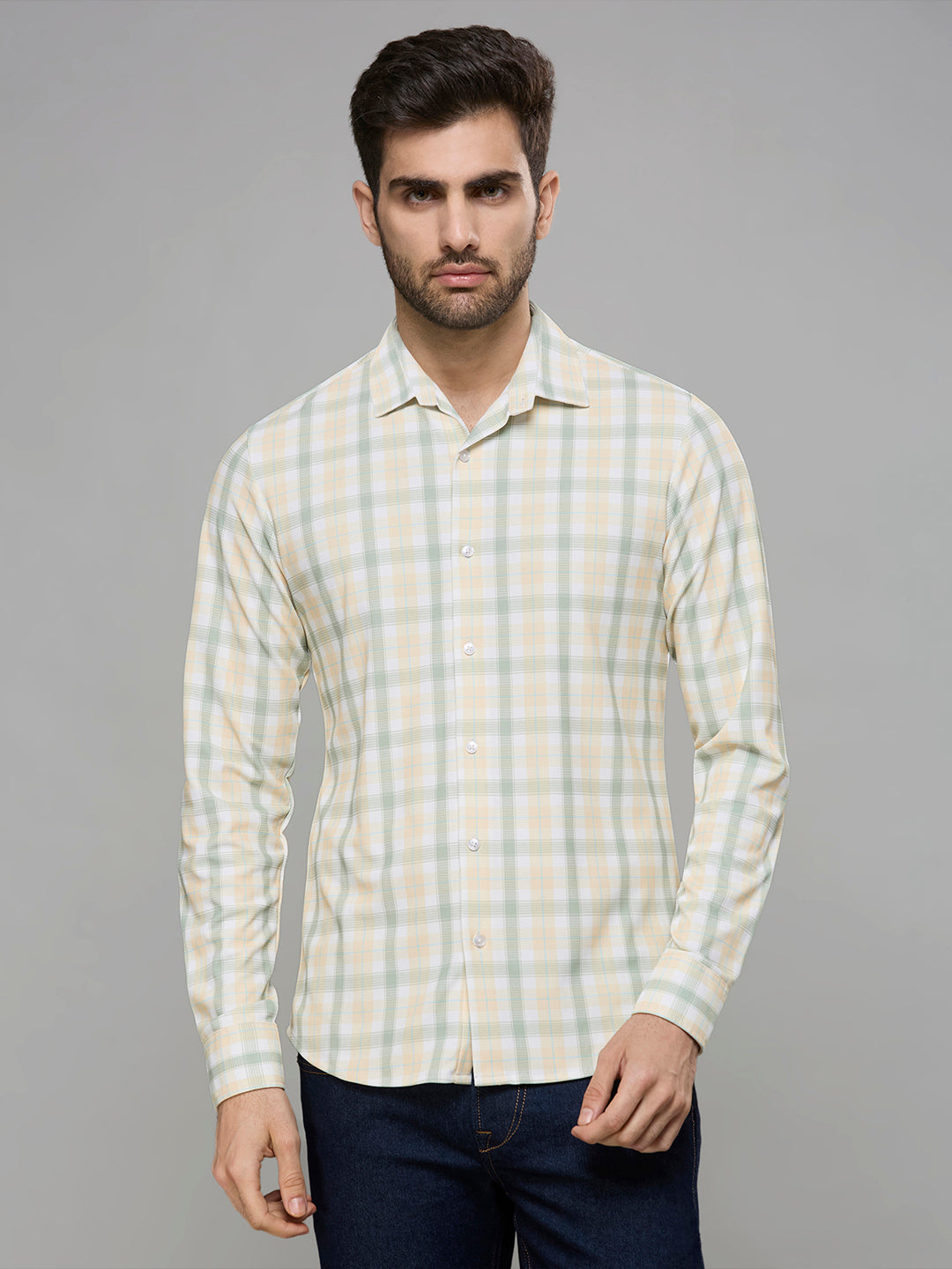 Men's Yellow Checks Slim Fit Shirts