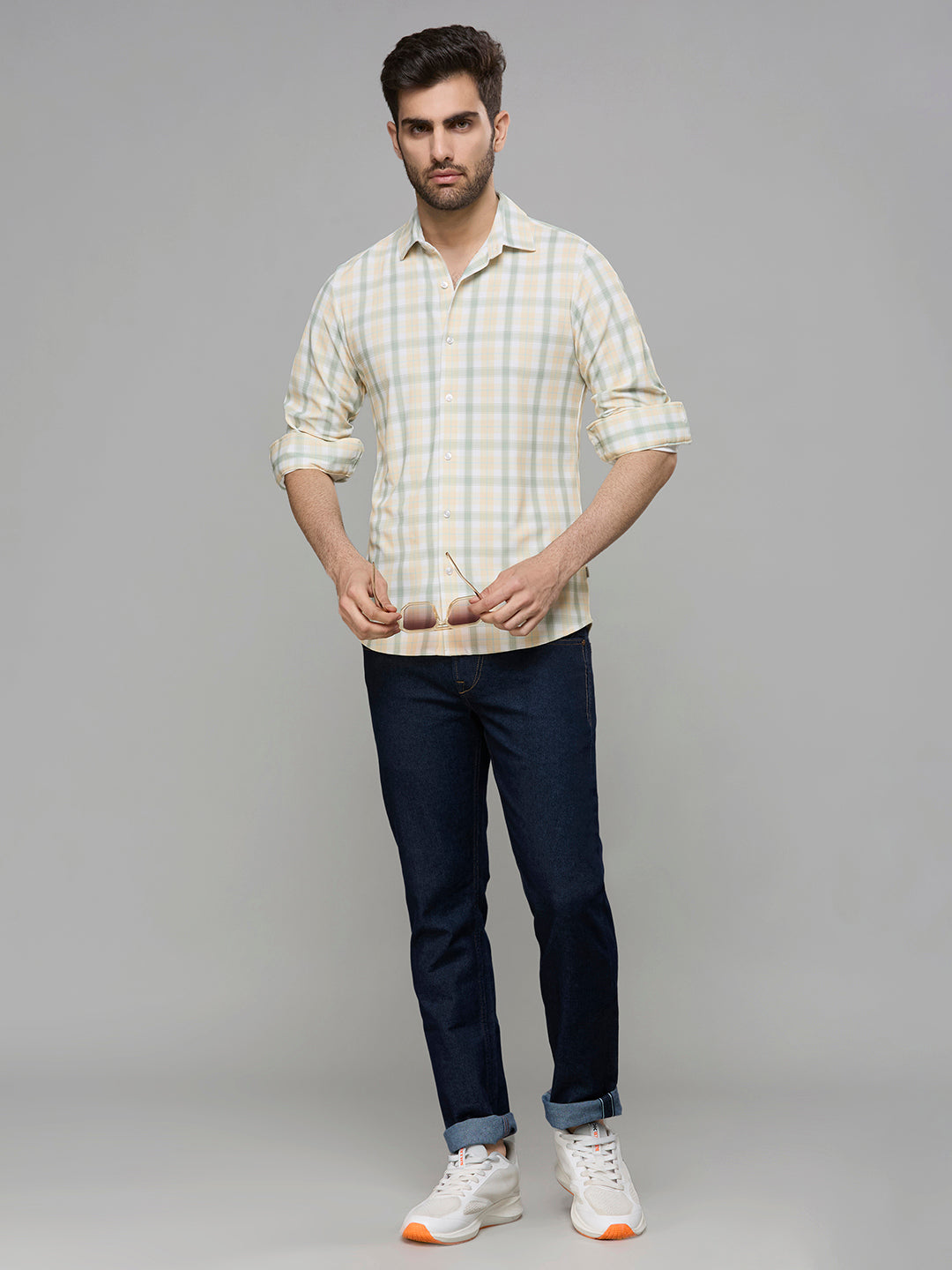 Men's Yellow Checks Slim Fit Shirts