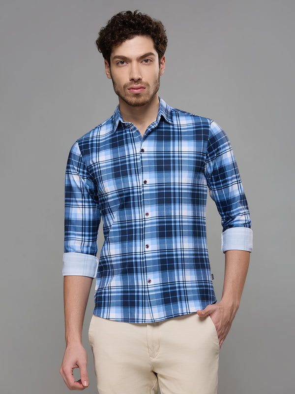 Men's Navy Blue Checks Slim Fit Shirts