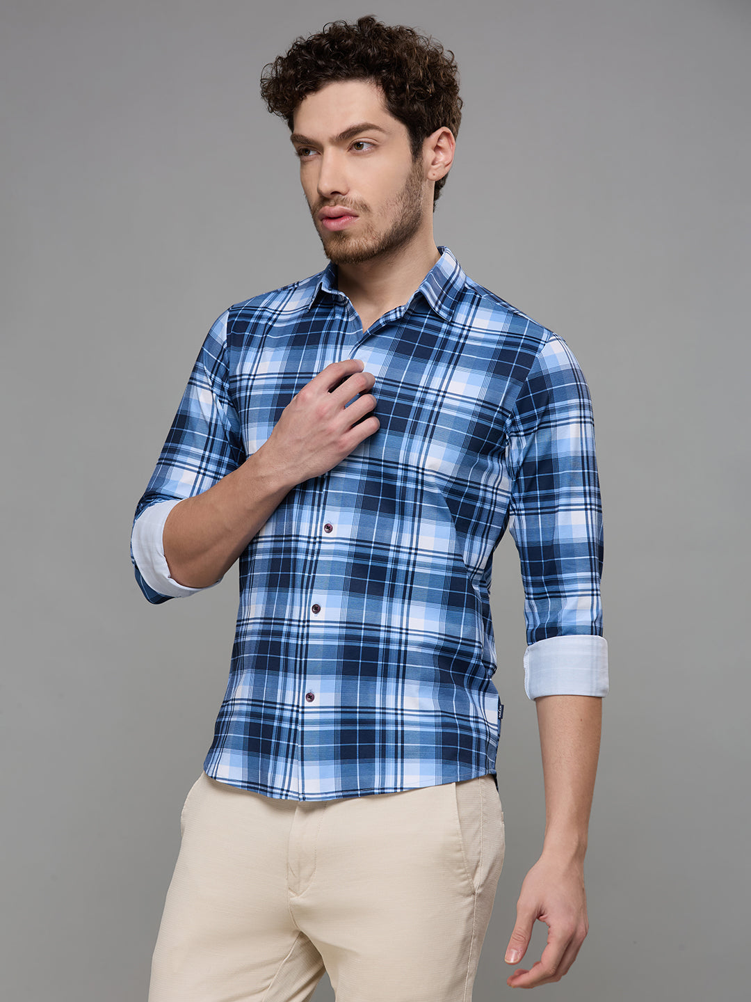 Men's Navy Blue Checks Slim Fit Shirts