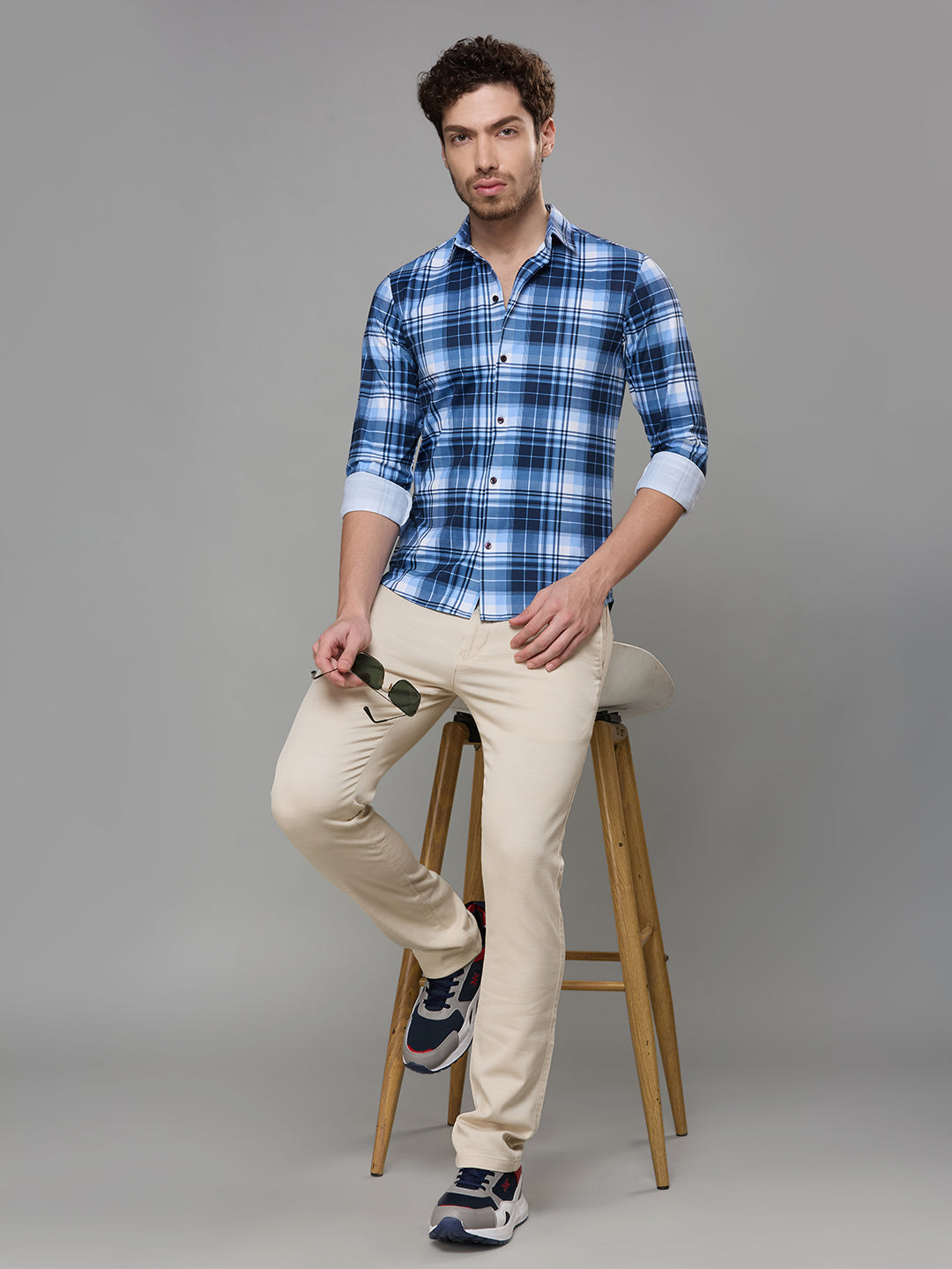 Men's Navy Blue Checks Slim Fit Shirts