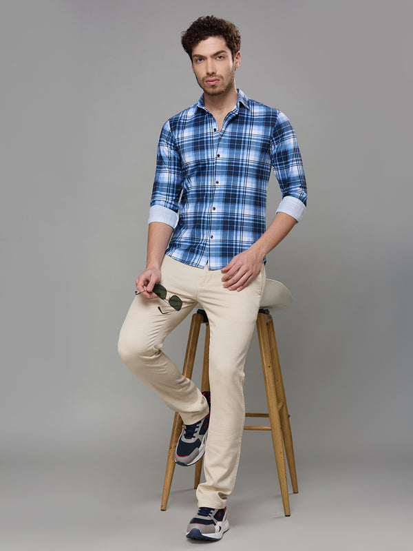 Men's Navy Blue Checks Slim Fit Shirts