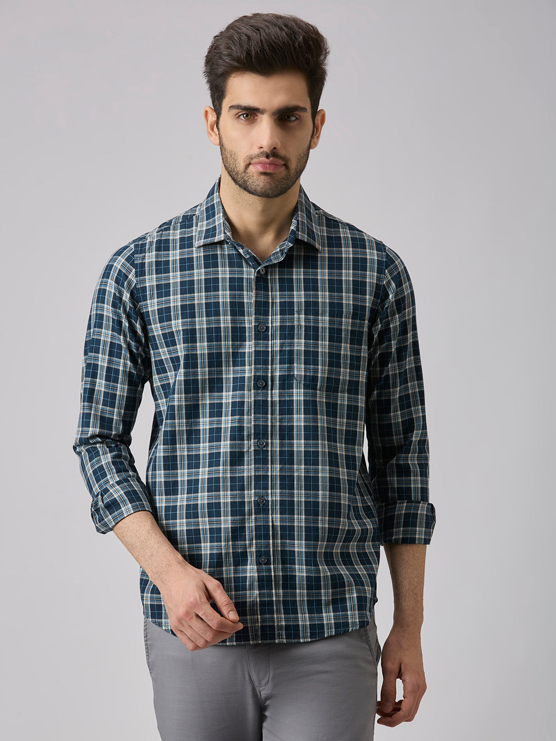 Men's Teal Checks Slim Fit Shirts