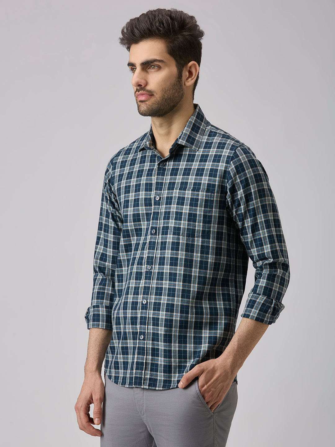Men's Teal Checks Slim Fit Shirts