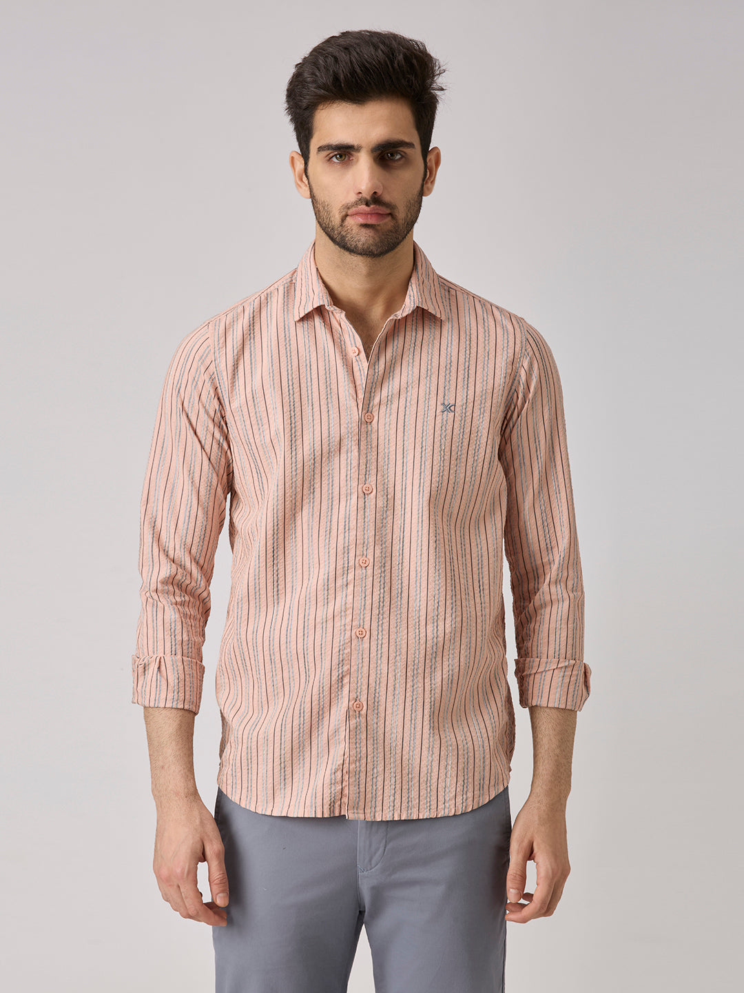 Men's Peach Stripe Slim Fit Shirts