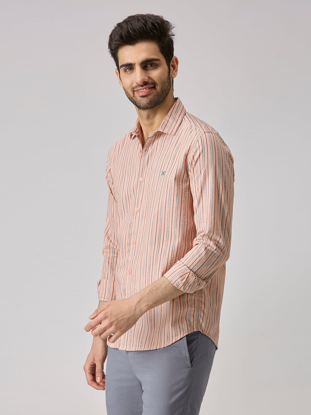 Men's Peach Stripe Slim Fit Shirts