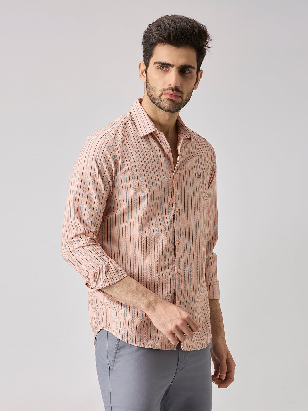 Men's Peach Stripe Slim Fit Shirts
