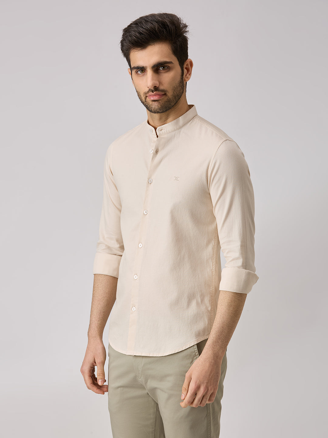 Men's Cream Printed Slim Fit Shirts