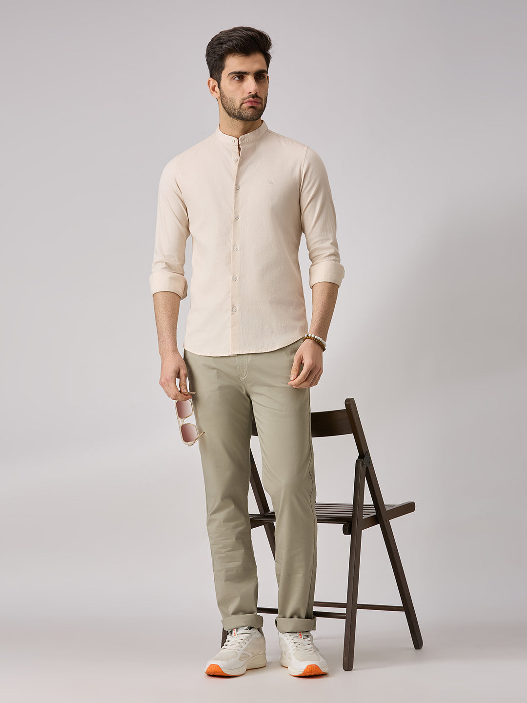 Men's Cream Printed Slim Fit Shirts