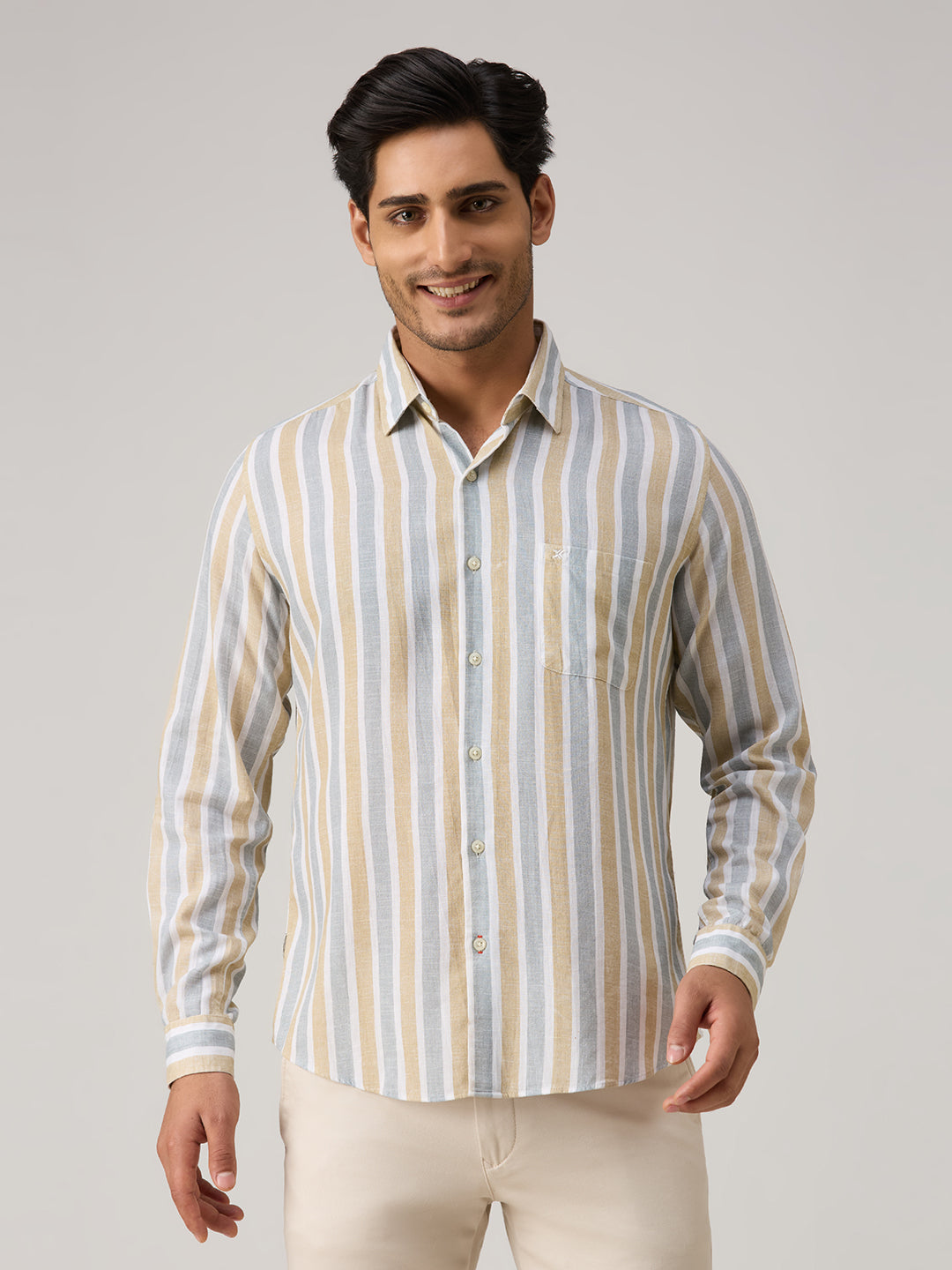Men's Beige Stripe Slim Fit Shirts