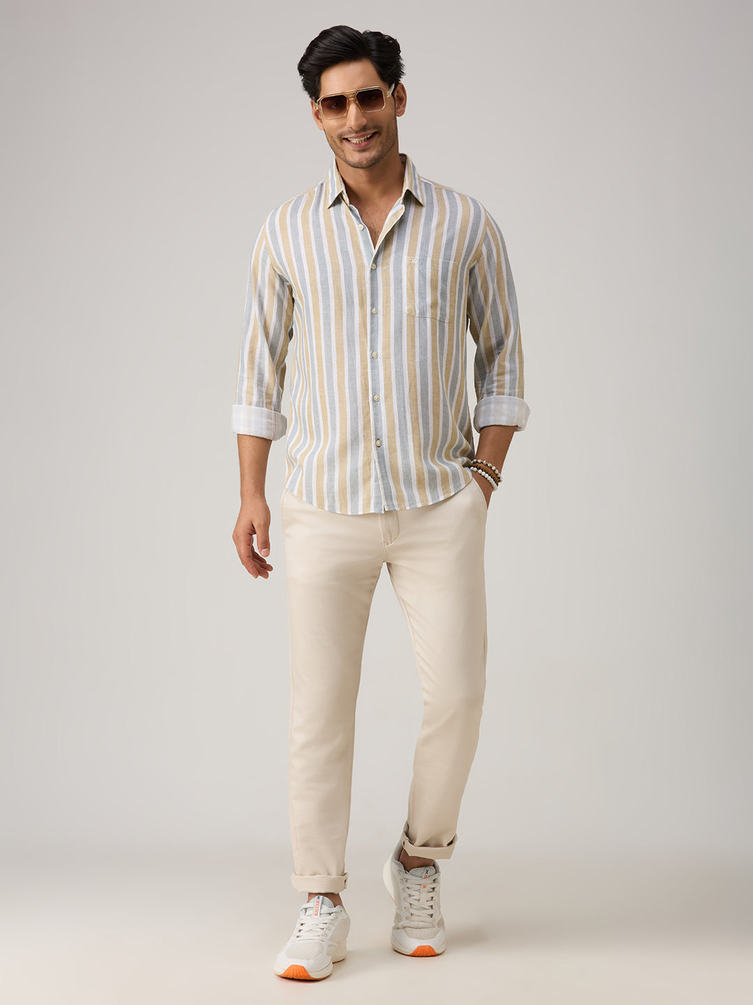 Men's Beige Stripe Slim Fit Shirts