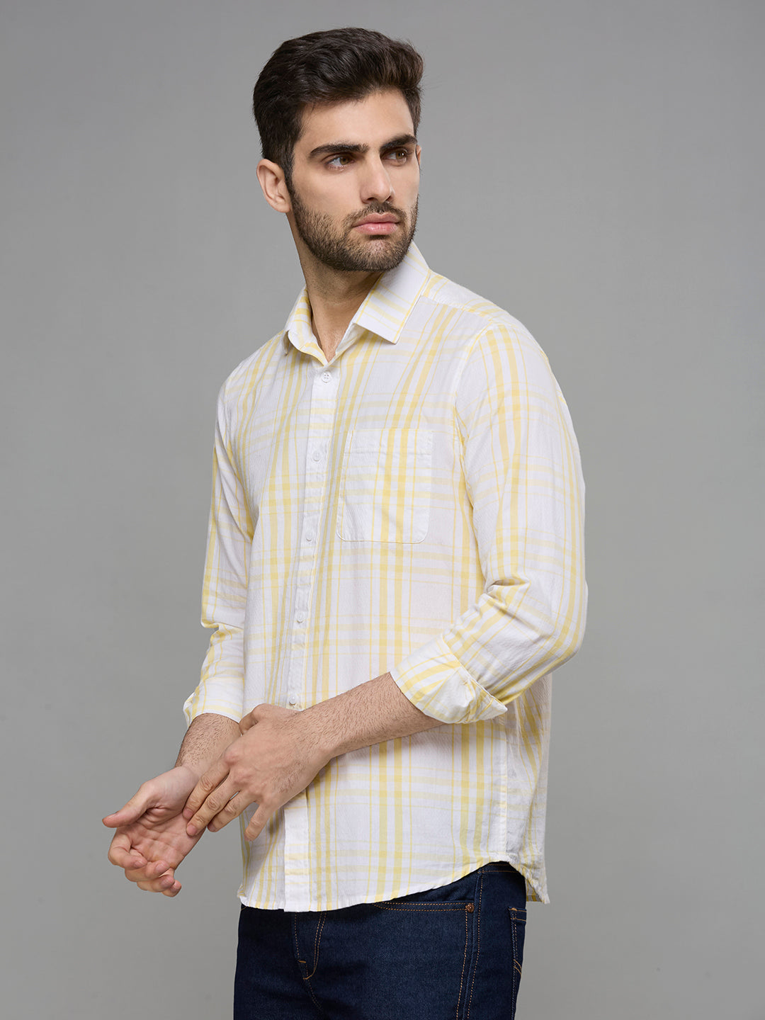 Men's Yellow Checks Slim Fit Shirts