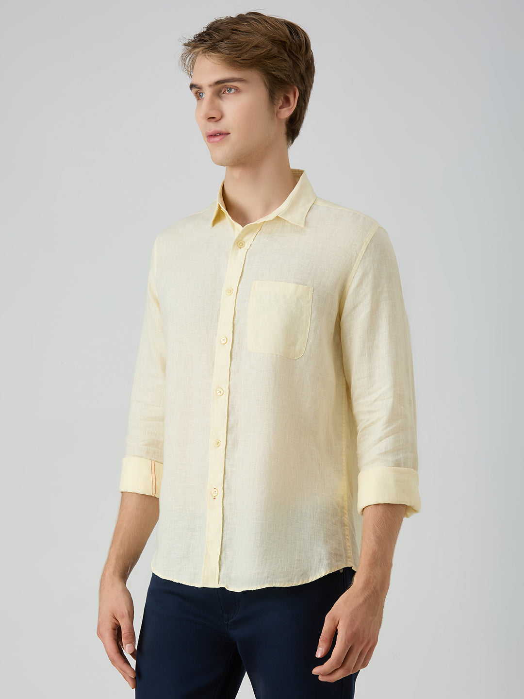 Men's Yellow Solid Slim Fit Shirts