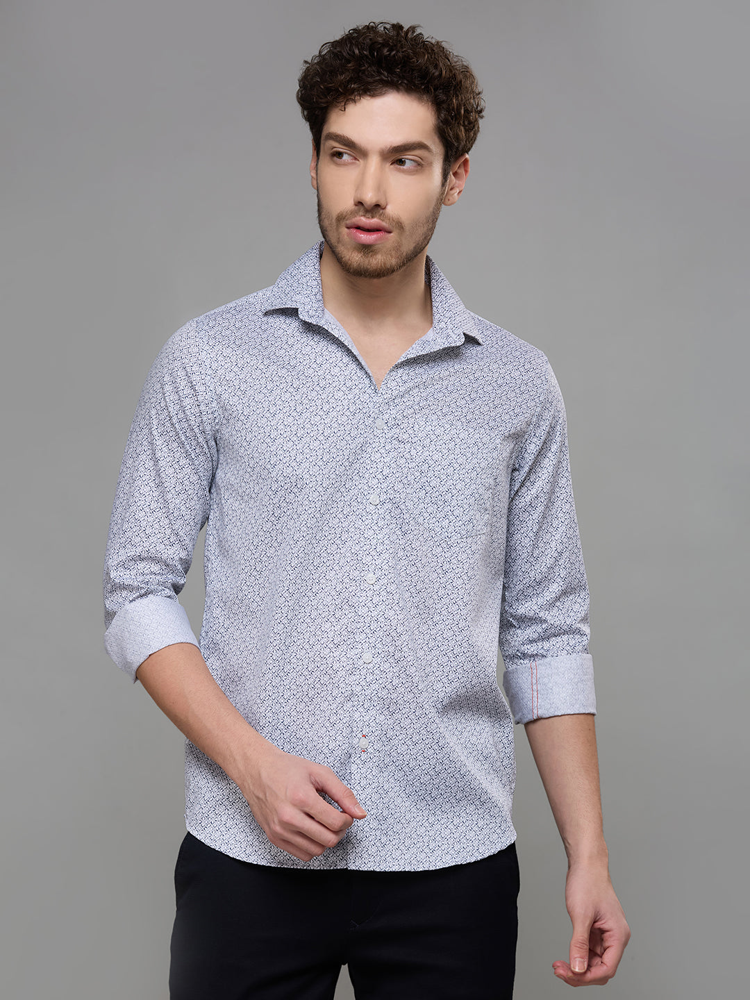 Men's Navy Blue Printed Slim Fit Shirts