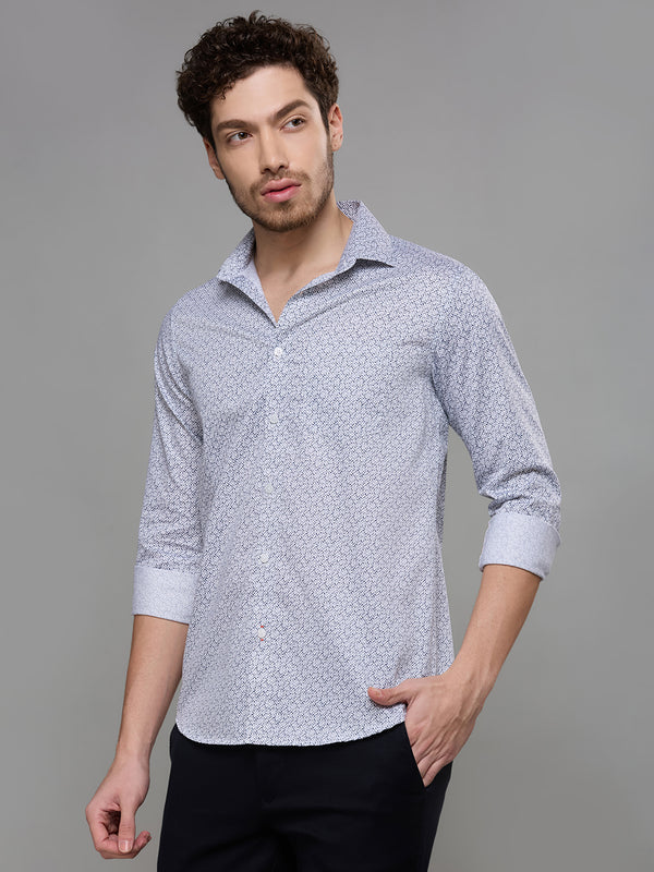 Men's Navy Blue Printed Slim Fit Shirts