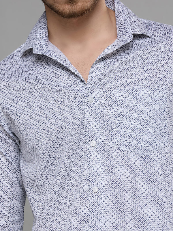 Men's Navy Blue Printed Slim Fit Shirts