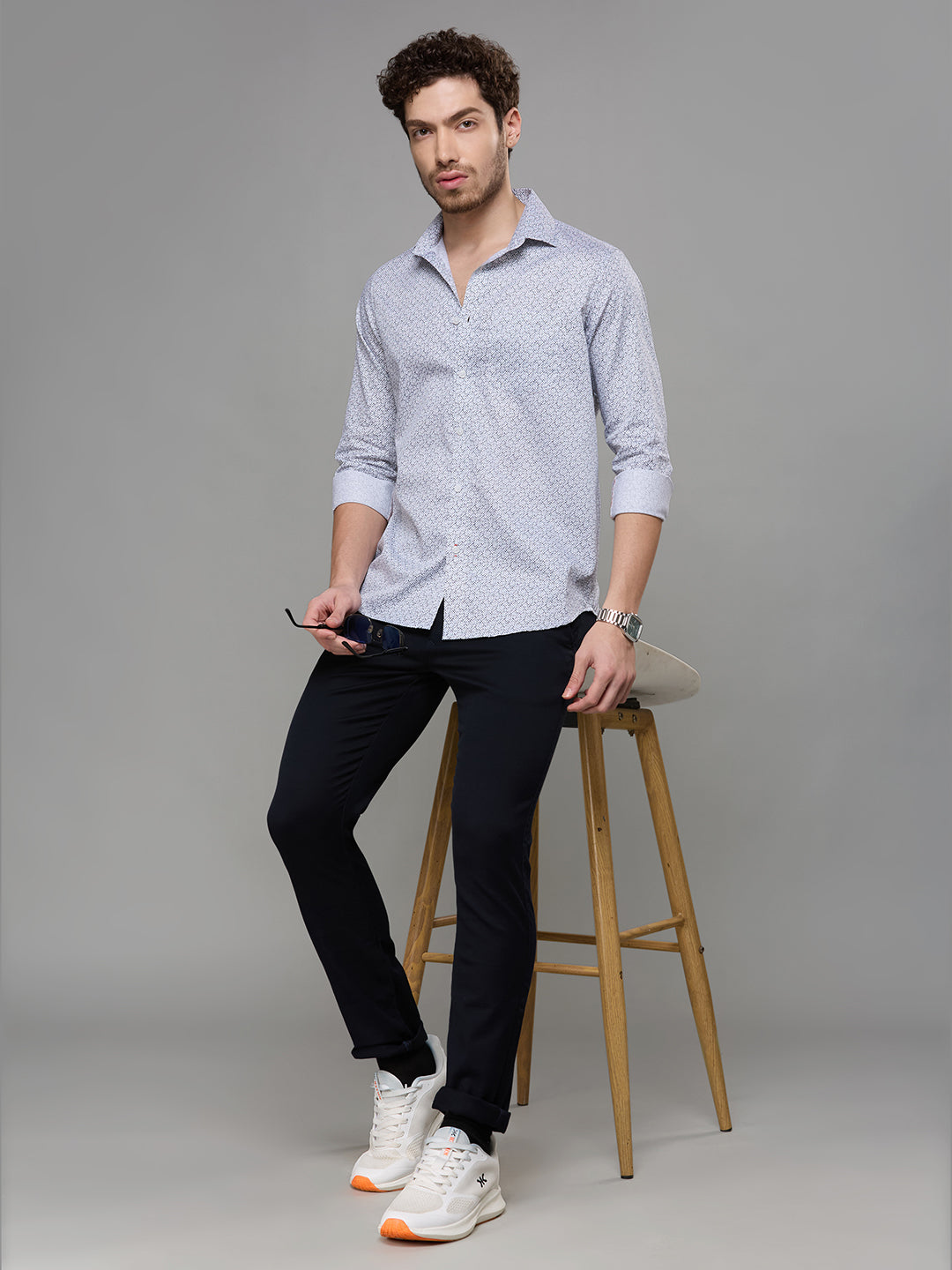 Men's Navy Blue Printed Slim Fit Shirts