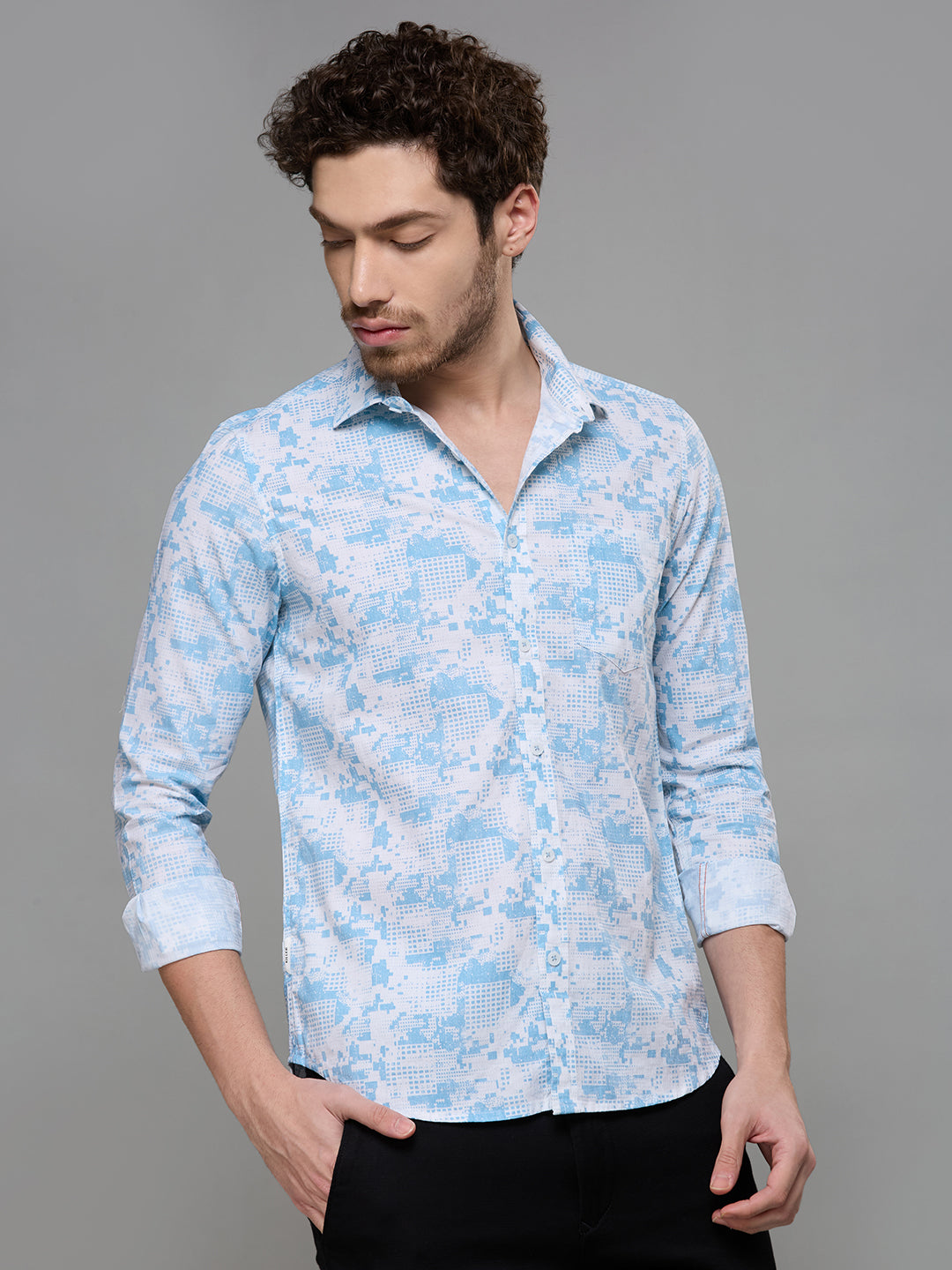Men's Blue Printed Slim Fit Shirts