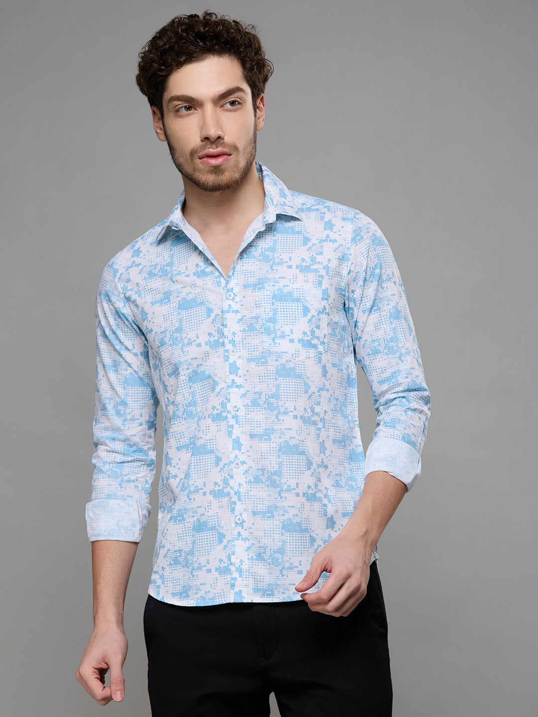 Men's Blue Printed Slim Fit Shirts
