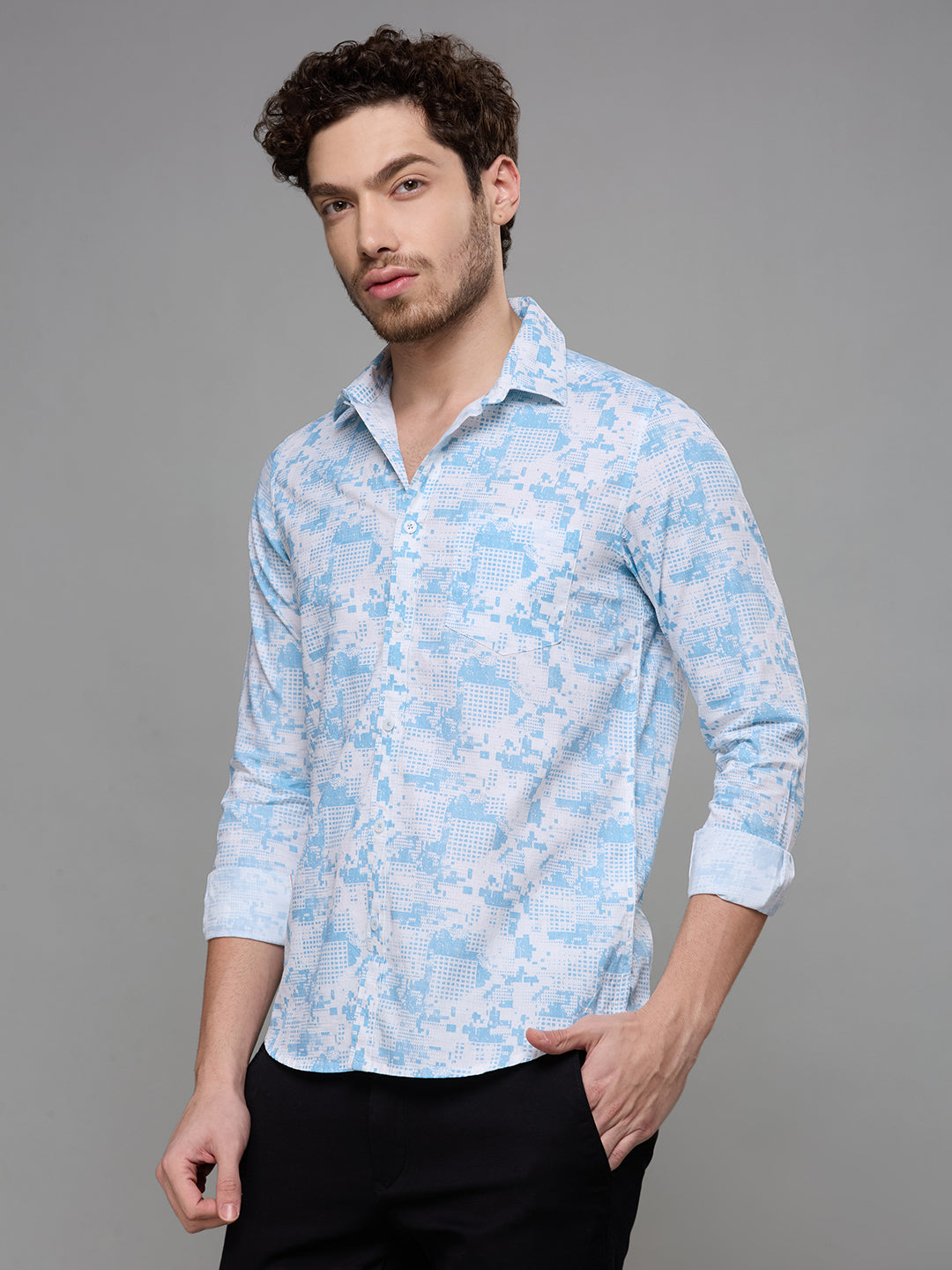 Men's Blue Printed Slim Fit Shirts