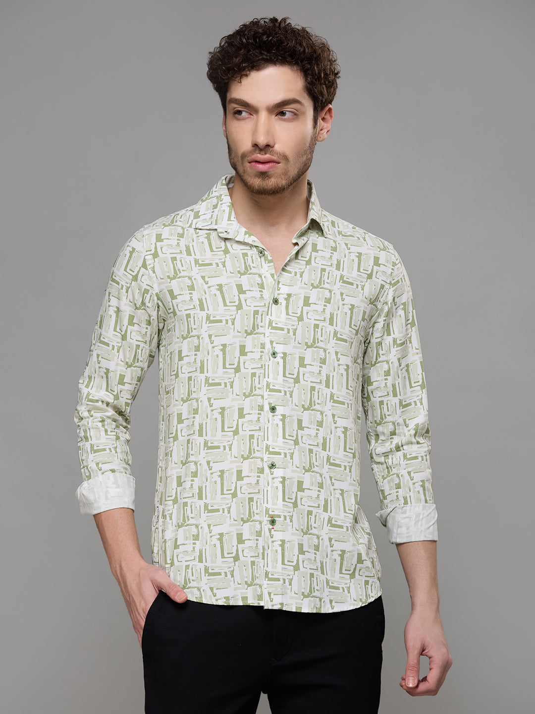 Men's Green Printed Slim Fit Shirts