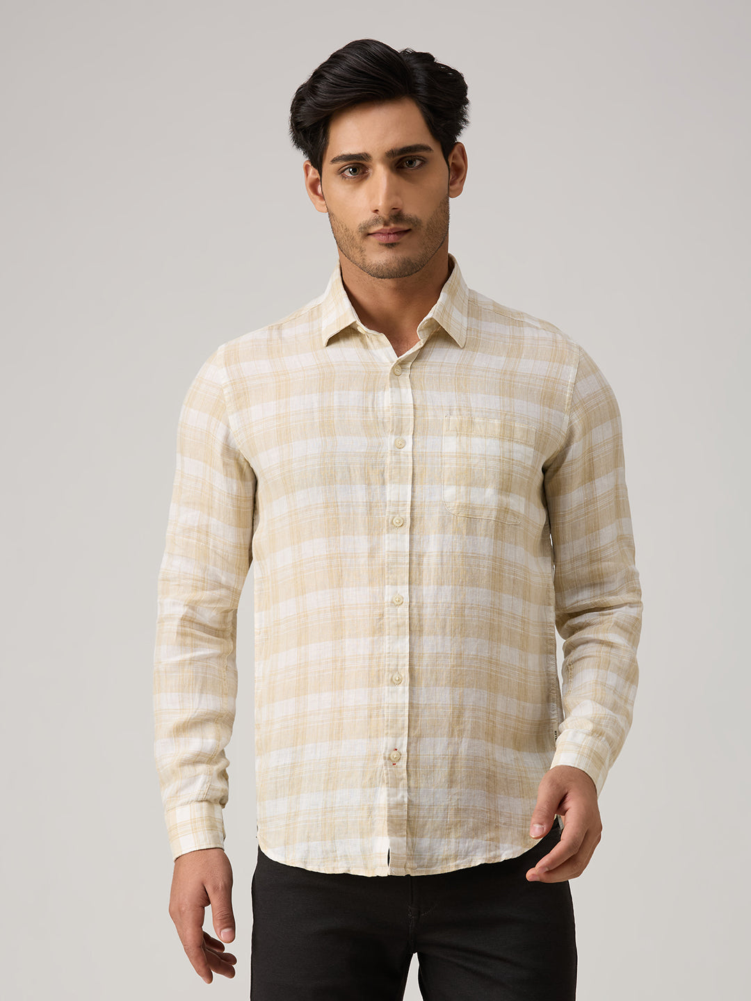 Men's Beige Checks Straight Fit