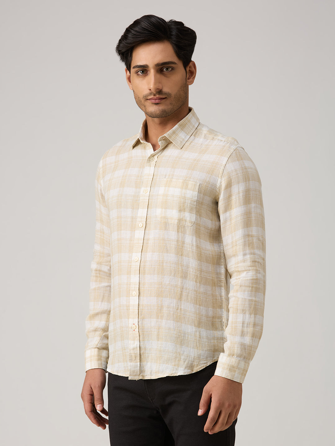 Men's Beige Checks Straight Fit