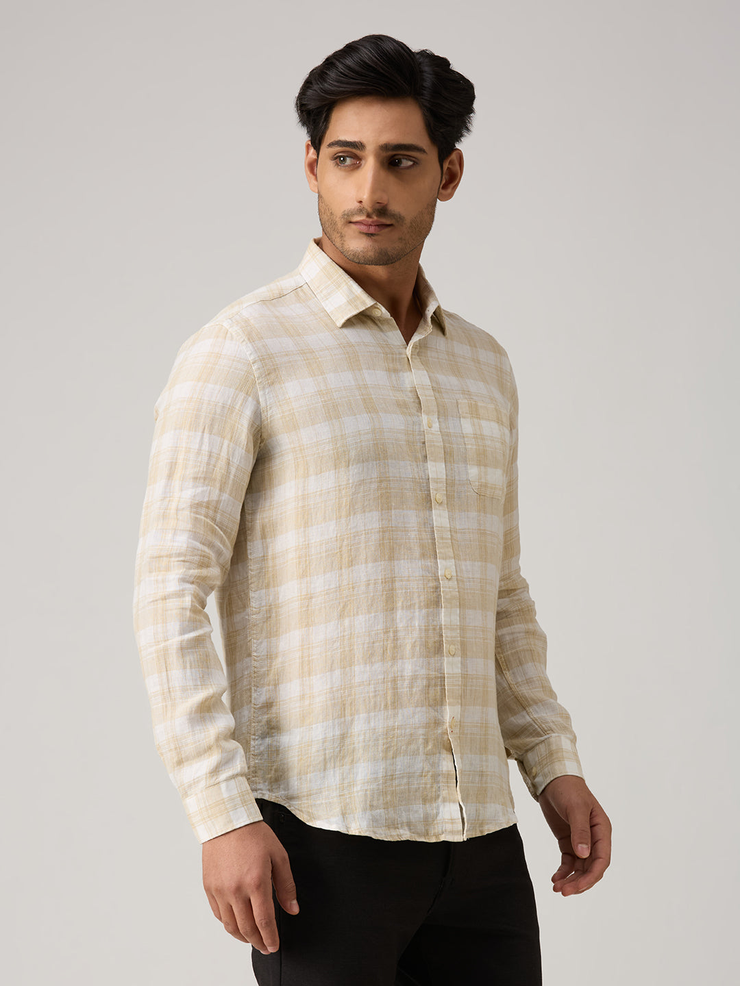 Men's Beige Checks Straight Fit Shirts