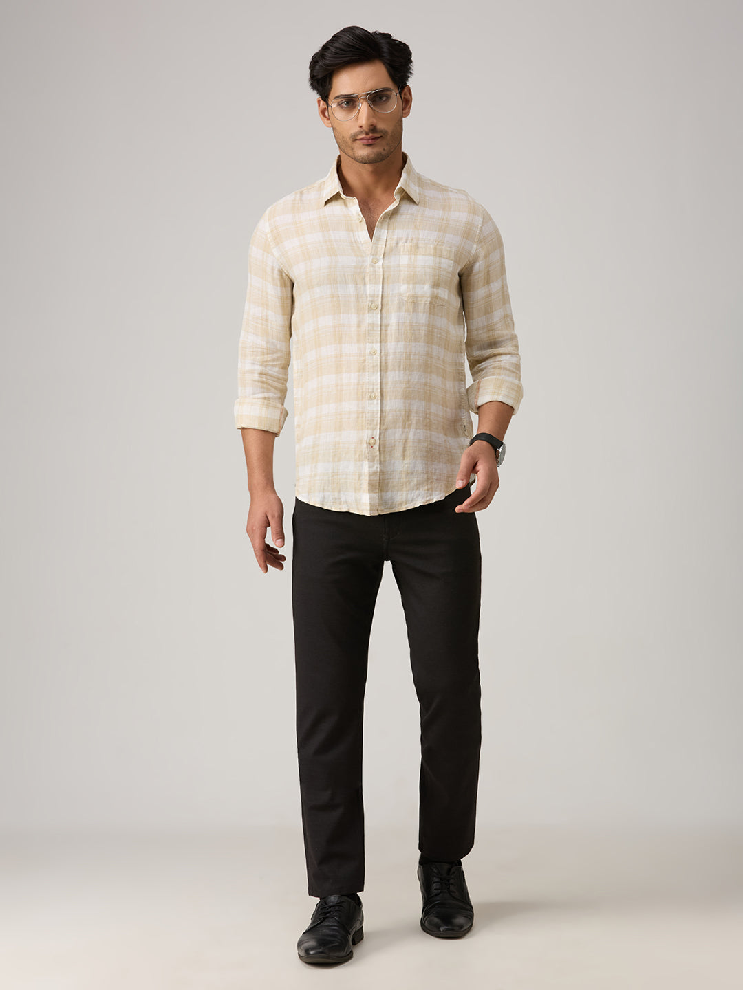 Men's Beige Checks Straight Fit Shirts