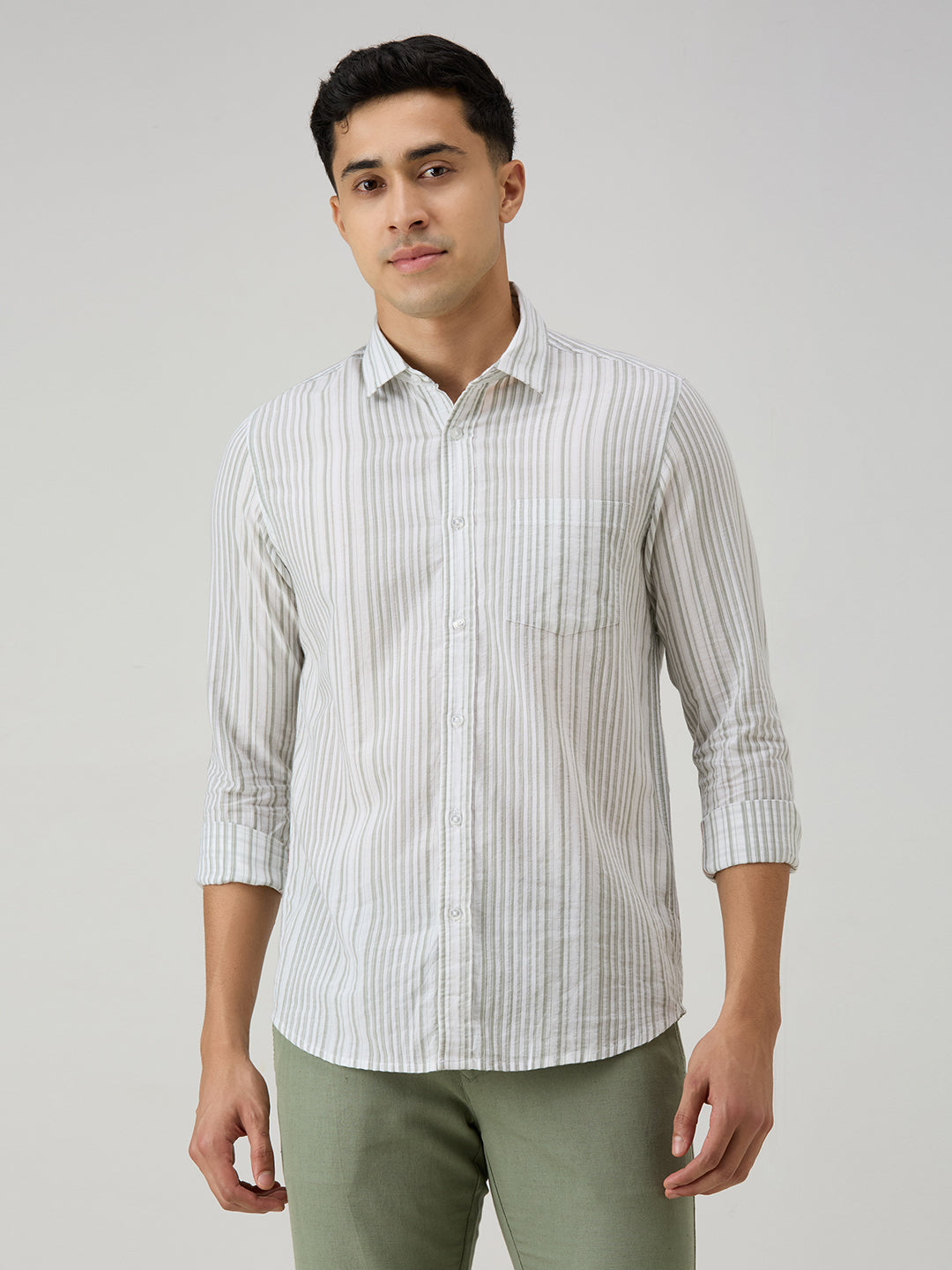Men's Olive Stripe Slim Fit Shirts