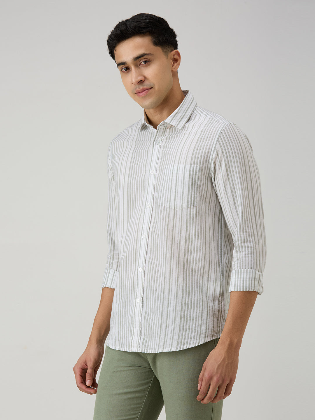 Men's Olive Stripe Slim Fit Shirts