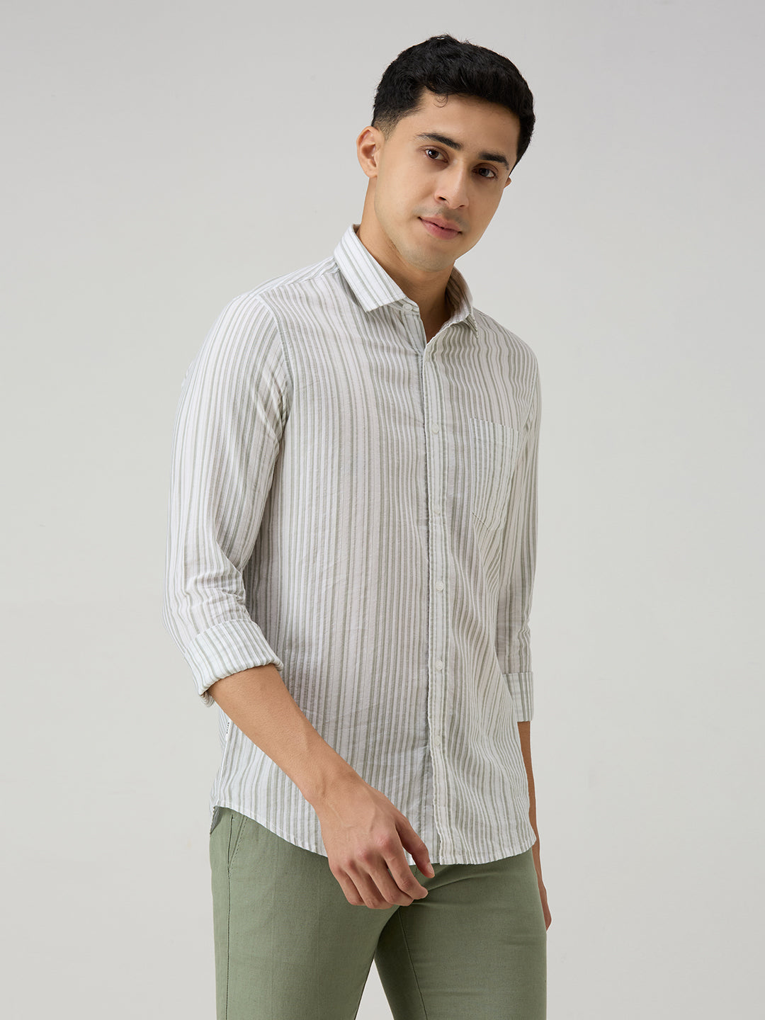Men's Olive Stripe Slim Fit Shirts