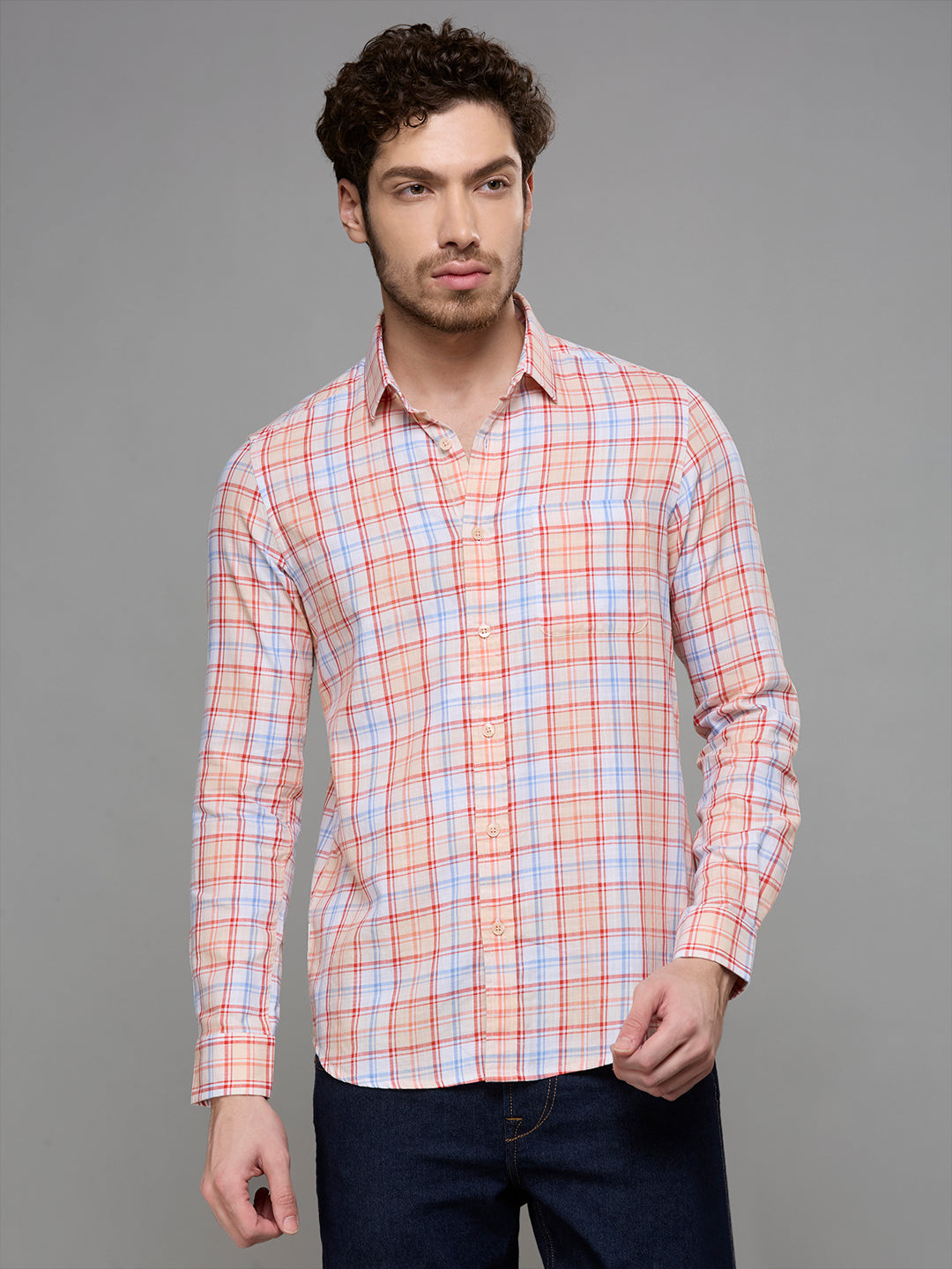 Men's Peach Checks Slim Fit Shirts