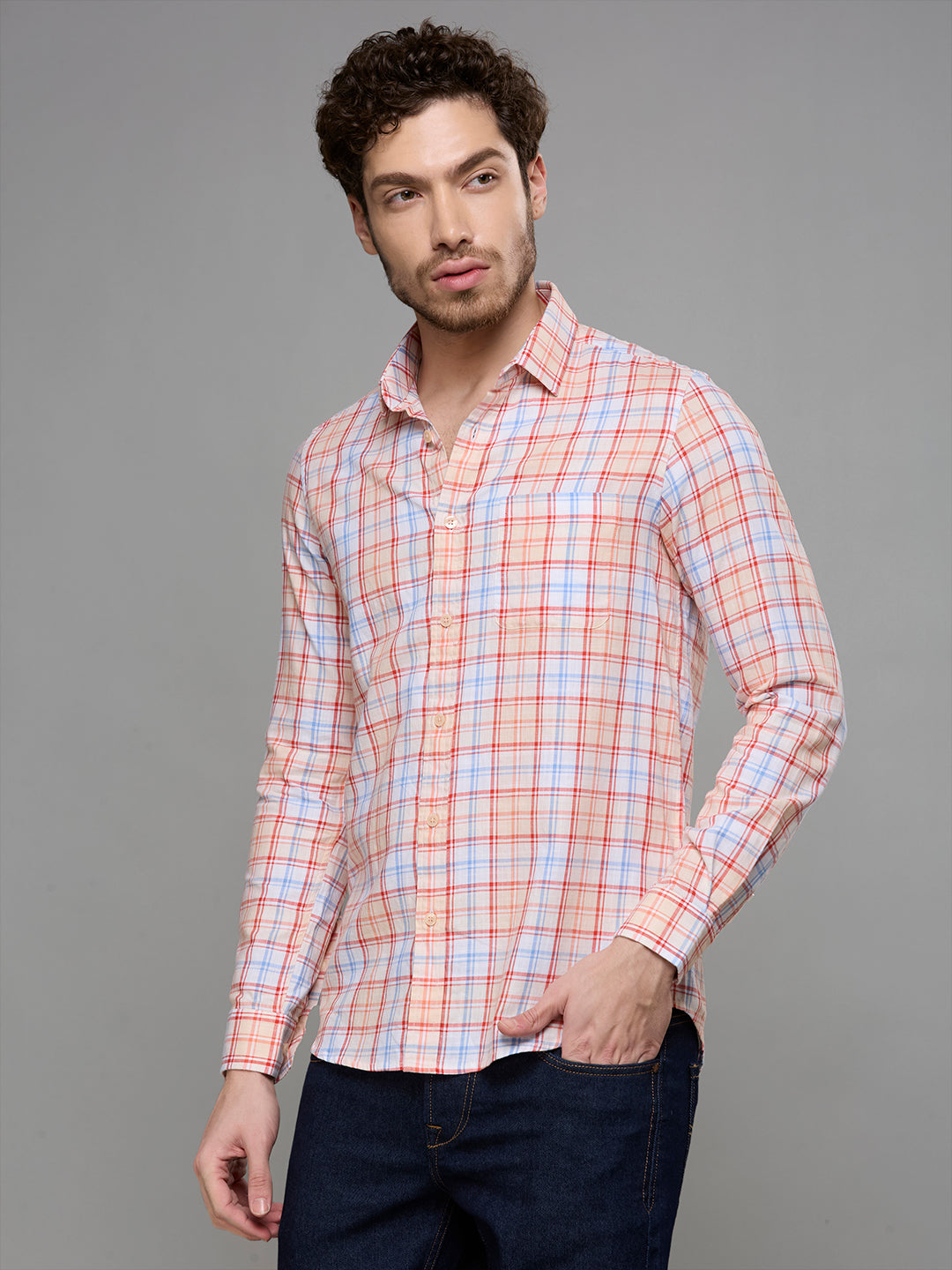 Men's Peach Checks Slim Fit Shirts