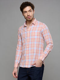 Men's Peach Checks Slim Fit Shirts