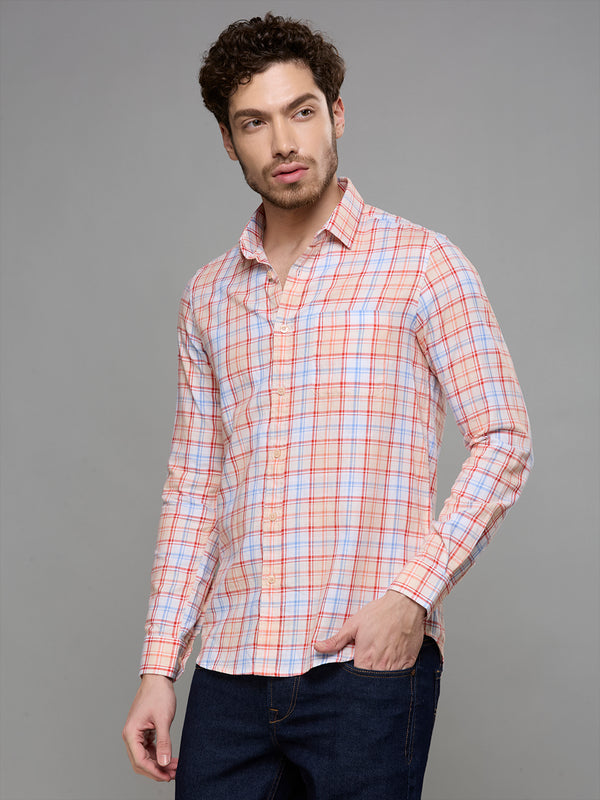 Men's Peach Checks Slim Fit Shirts