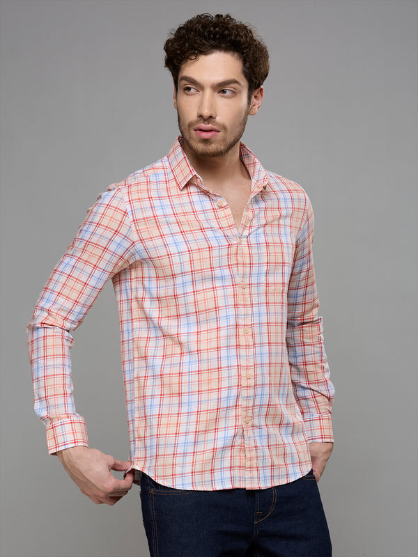 Men's Peach Checks Slim Fit Shirts