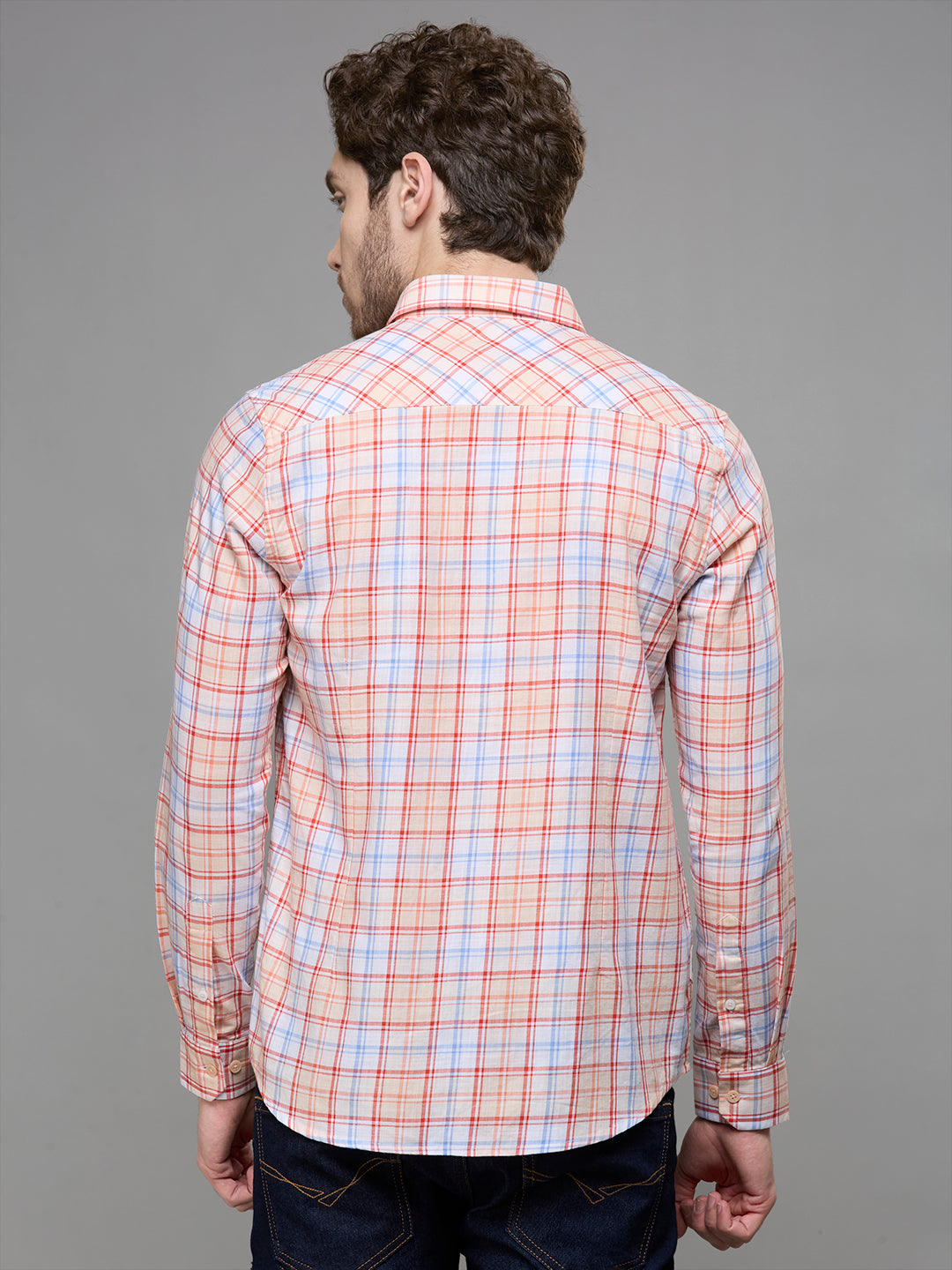 Men's Peach Checks Slim Fit Shirts