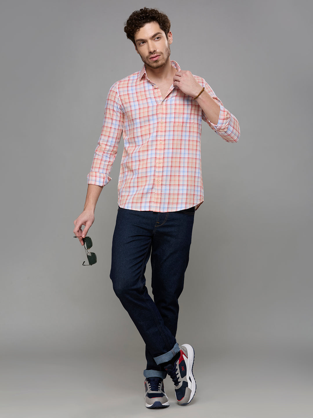 Men's Peach Checks Slim Fit Shirts