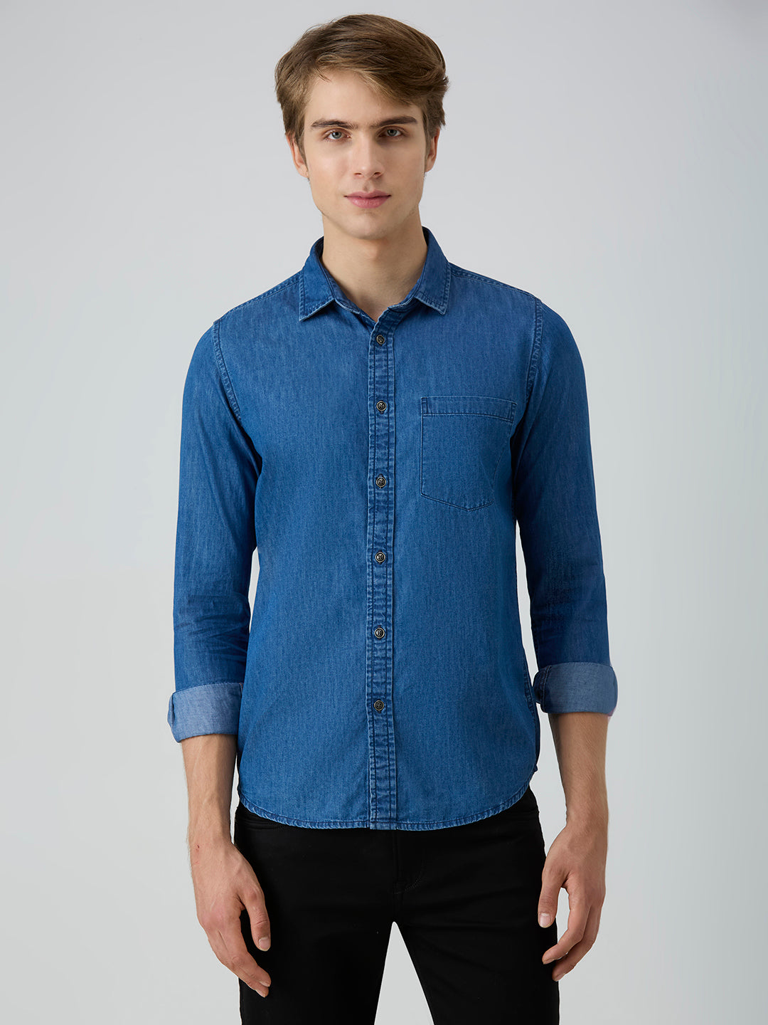 Men's Navy Blue Solid Slim Fit Shirts