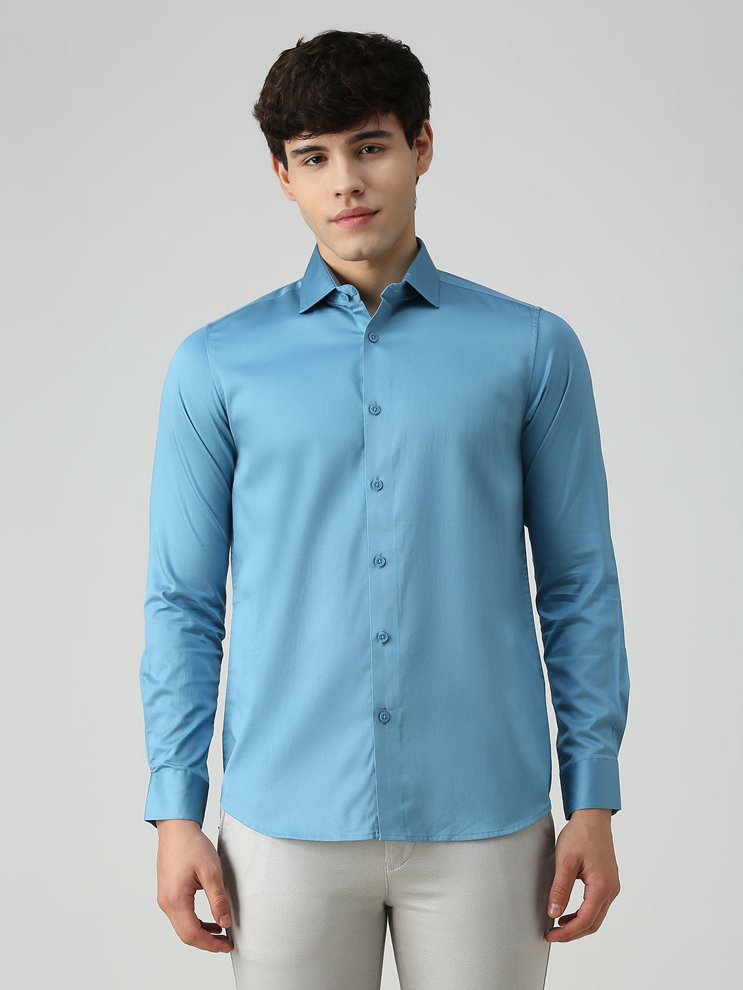 Men's Teal Blue Solid Slim Fit Shirts