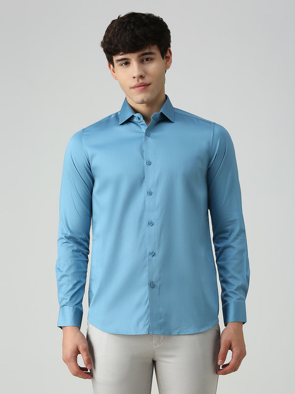 Men's Teal Blue Solid Slim Fit Shirts