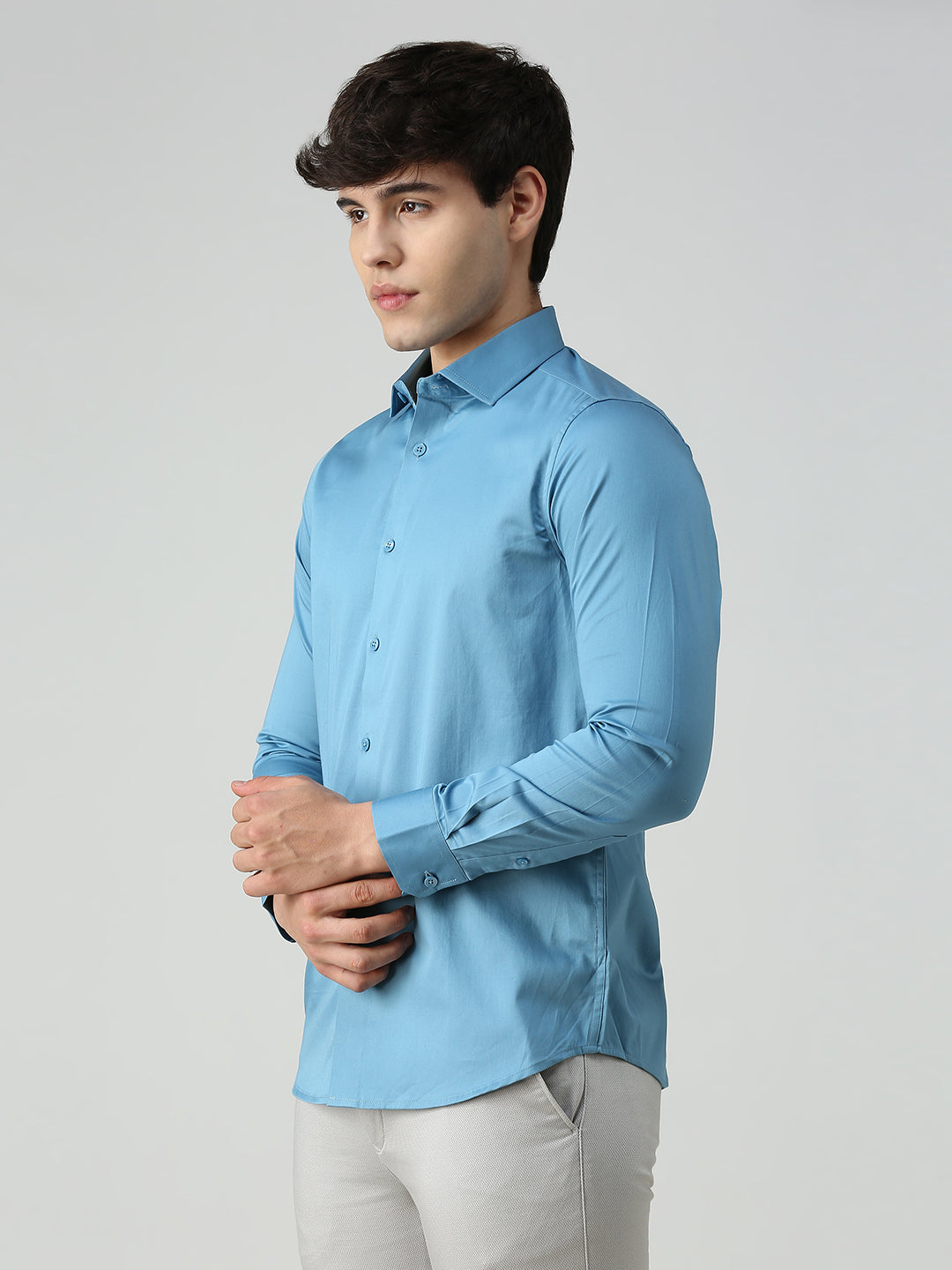 Men's Teal Blue Solid Slim Fit Shirts