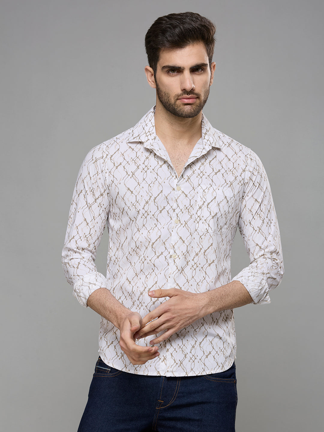 Men's White Printed Slim Fit Shirts