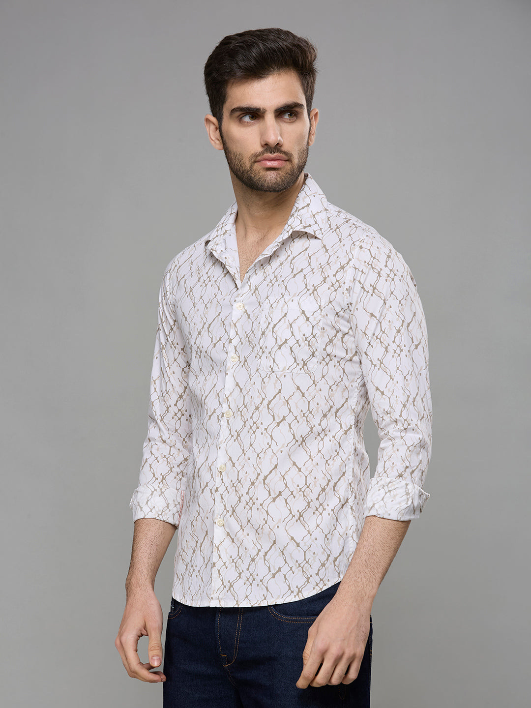 Men's White Printed Slim Fit Shirts
