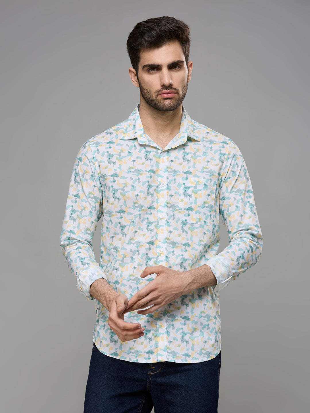 Men's White Printed Slim Fit Shirts